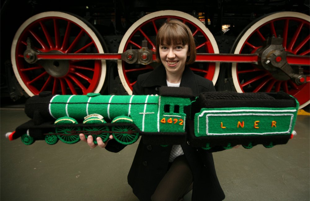 Clare with Knitted Flying Scotsman model